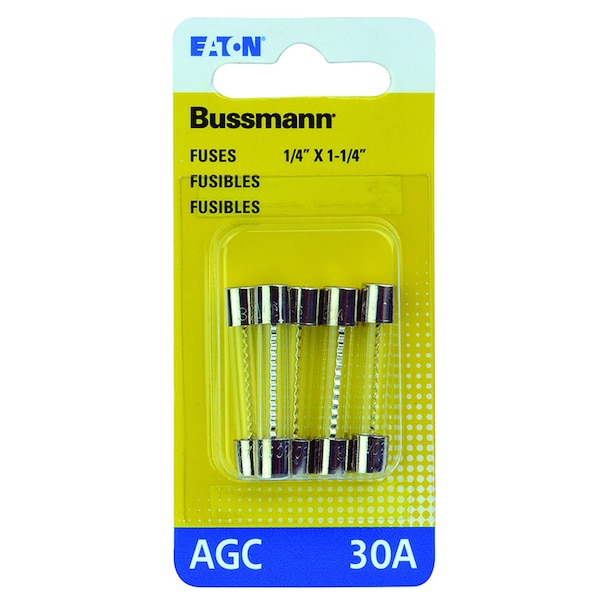 Eaton Bussmann Glass Fuse, AGC Series, Fast-Acting, 30A, 32V AC, 1kA at 32V AC, 5 PK BP/AGC-30-RP - main